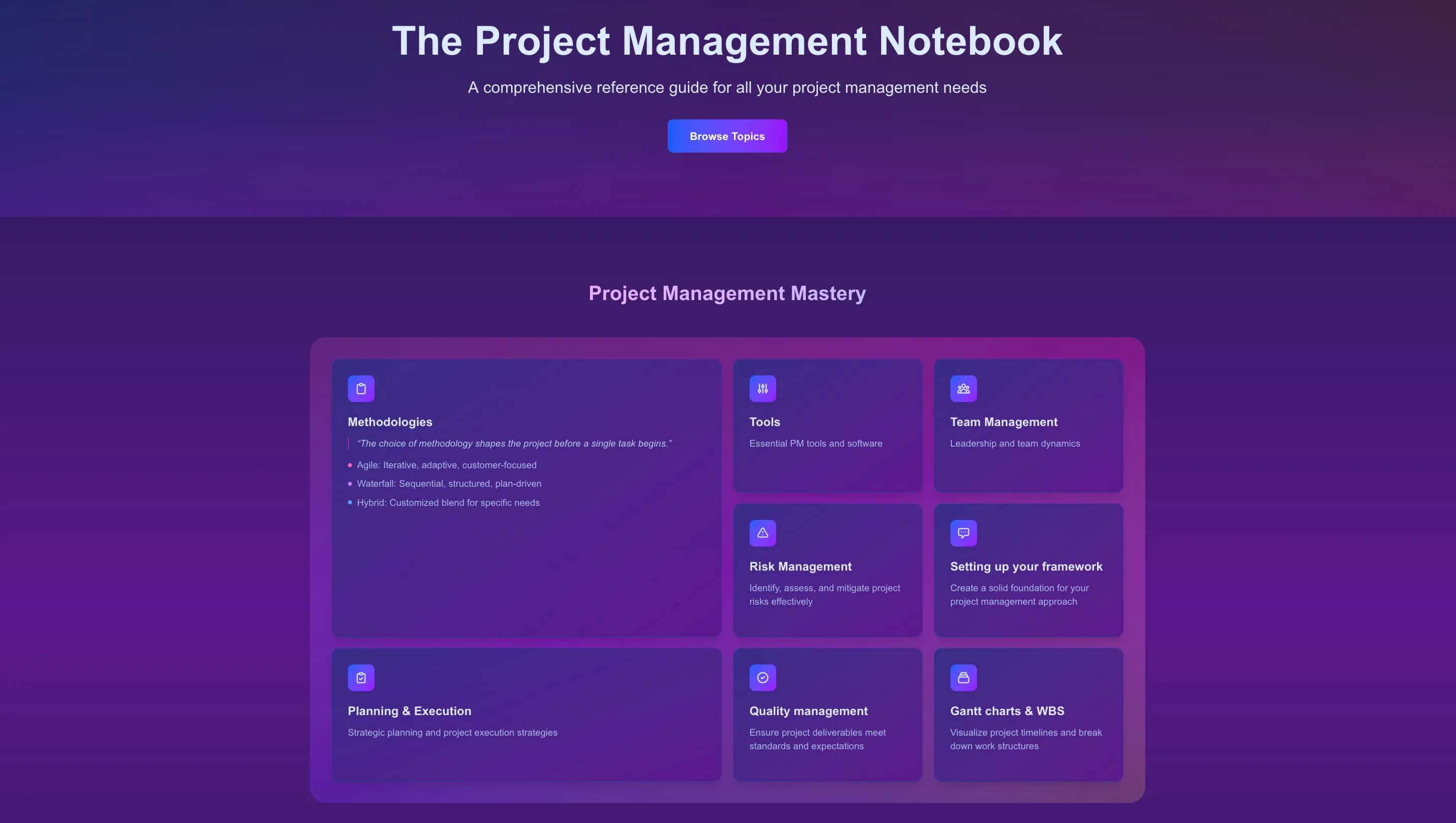 Screenshot of PM-notebook.xyz – a clean, minimal project management site